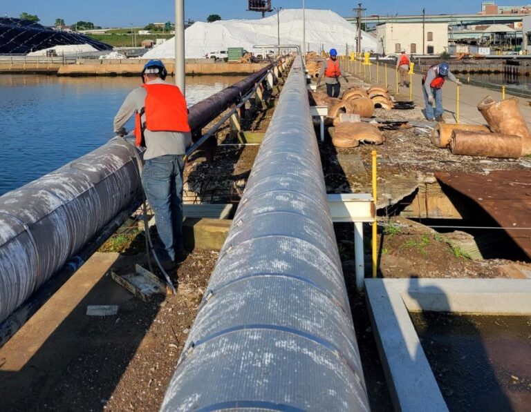 Crew laying a traced line along a pier